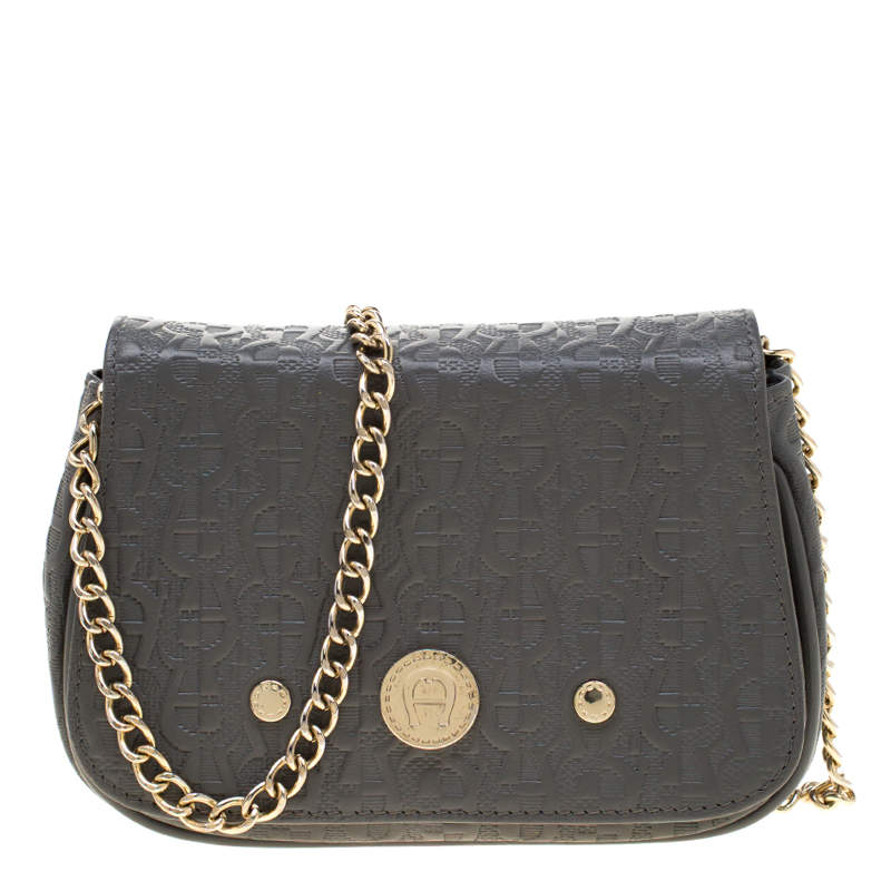 Pre Owned Aigner Grey Leather Chain Crossbody Bag