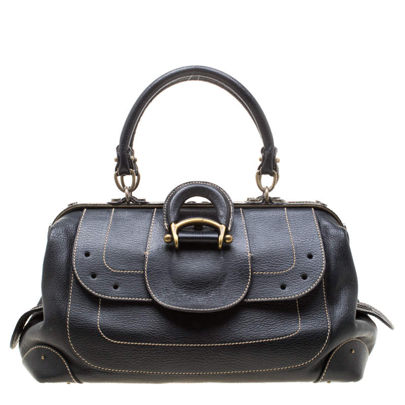 Pre Owned Aigner Black Leather Hyde Park Frame Satchel