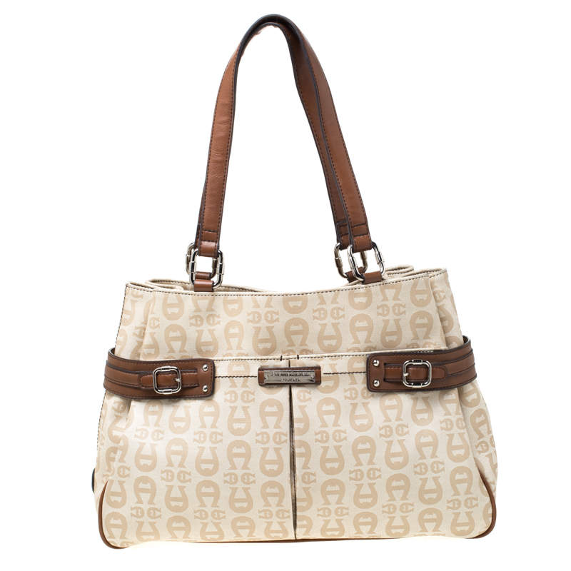 Pre Owned Aigner Beige/Brown Signature Coated Canvas and Leather Belted Tote