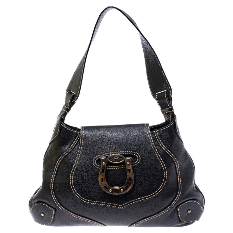 Pre Owned Aigner Black Leather Flap Shoulder Bag