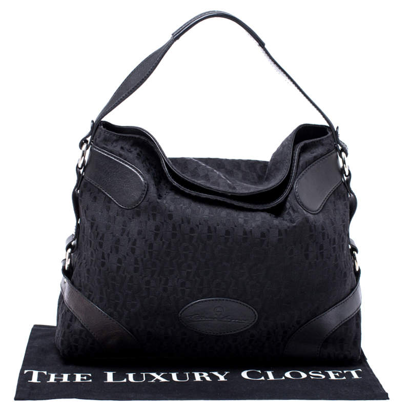 Aigner Black Monogram Canvas and Leather Hobo Aigner TLC