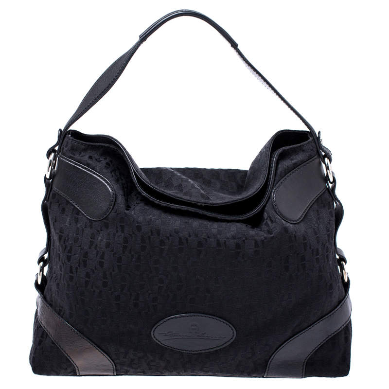 Pre Owned Aigner Black Monogram Canvas and Leather Hobo