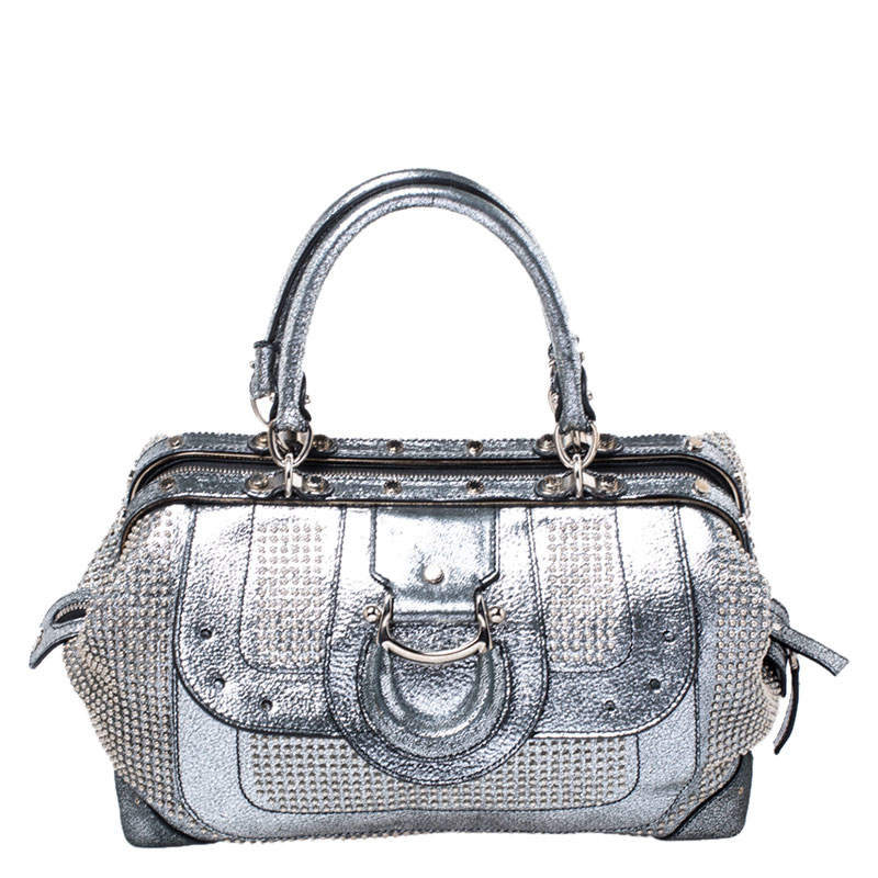Pre Owned Aigner Metallic Silver  Faux Leather Studded Satchel