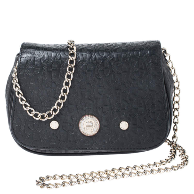 Pre Owned Aigner Black Leather Chain Crossbody Bag