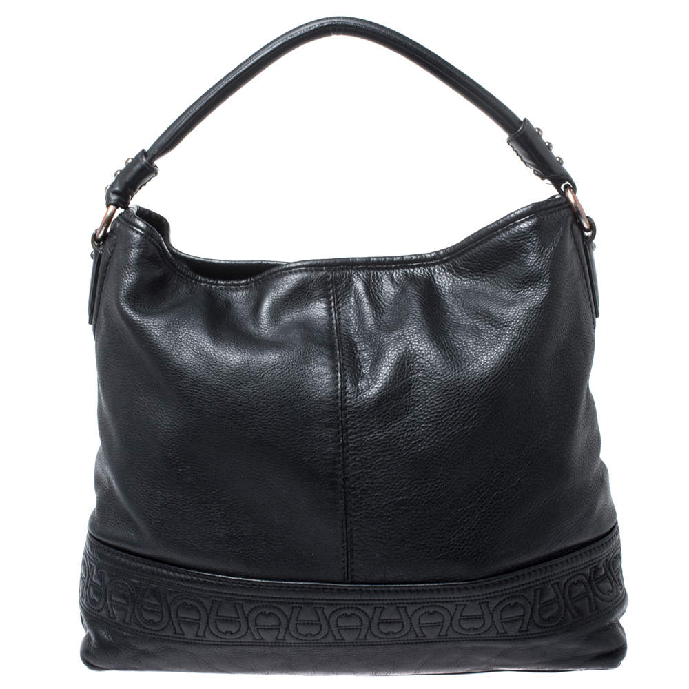 Pre Owned Aigner Black Monogram Leather Hobo