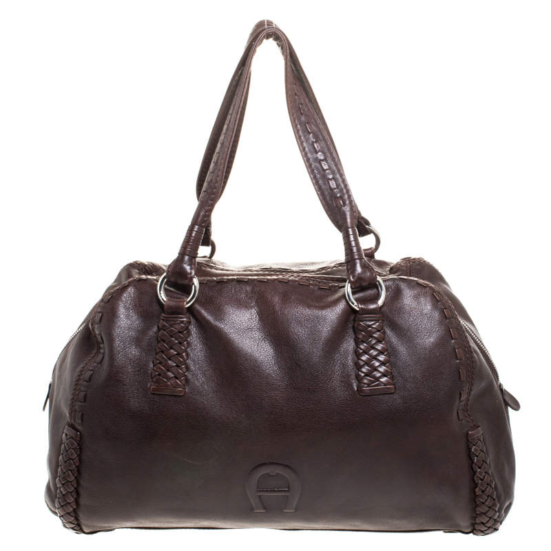 Pre Owned Aigner Brown Woven Leather Satchel