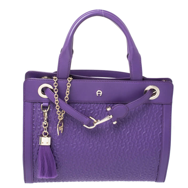 Pre Owned Aigner Purple Crocodile Embossed Leather Cavallina Top Handle Bag