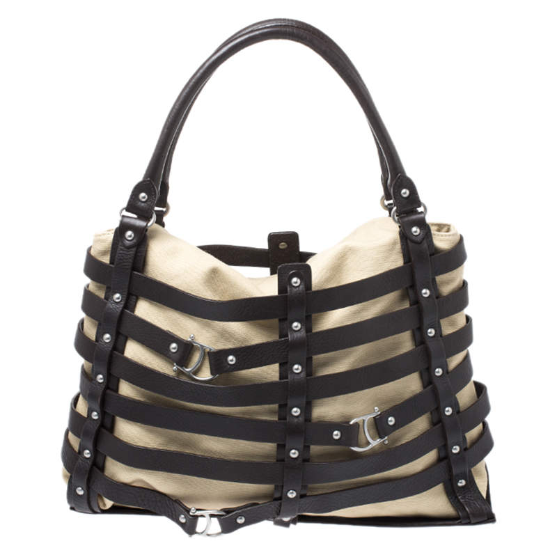 Pre Owned Aigner Brown/Beige Canvas and Leather Cage Tote