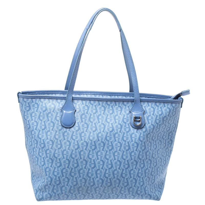Pre Owned Aigner Blue Signature Coated Canvas Shopper Tote