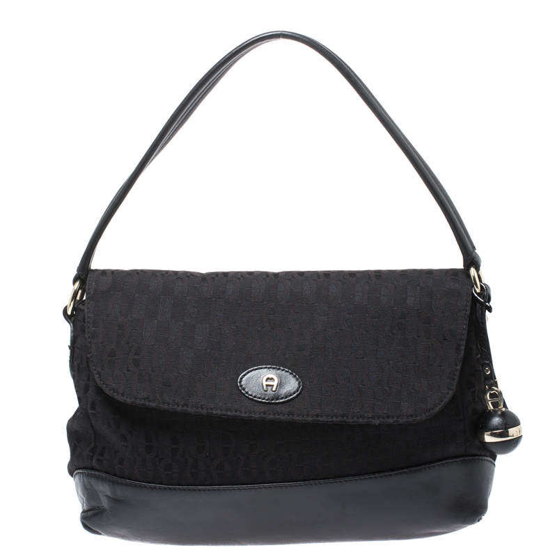 Pre Owned Aigner Black Canvas and Leather  Flap Satchel