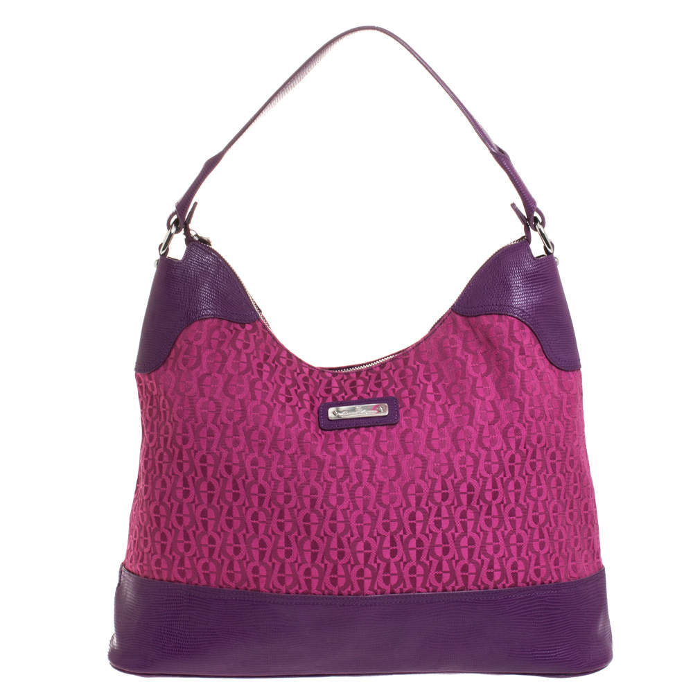 Aigner Purple Monogram Canvas and Lizard Embossed Leather Hobo