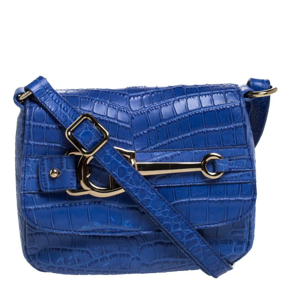 Aigner Blue Croc Embossed Leather Crossbody Bag Aigner | The Luxury Closet