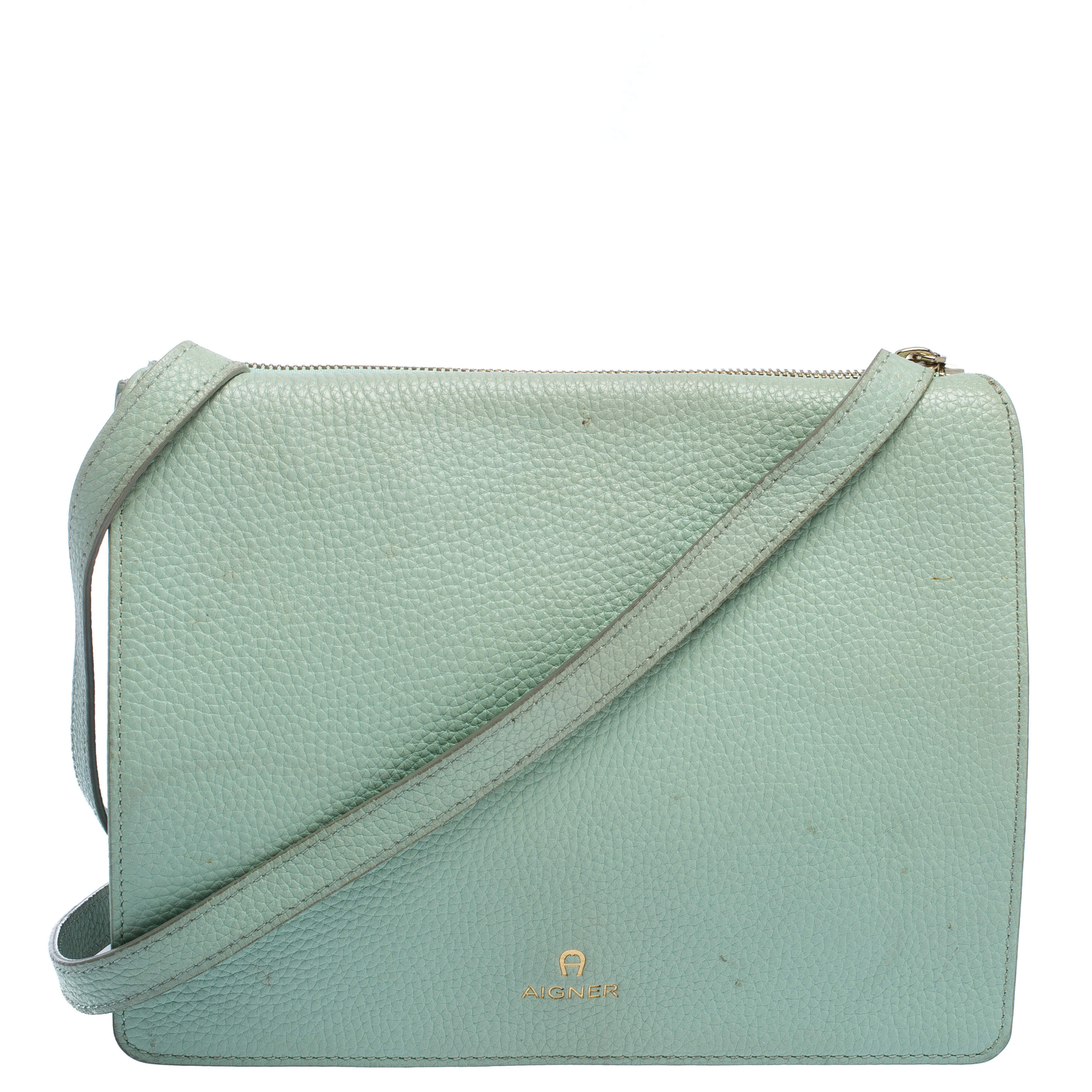 Pre Owned Aigner Light Green Leather Flap Crossbody Bag