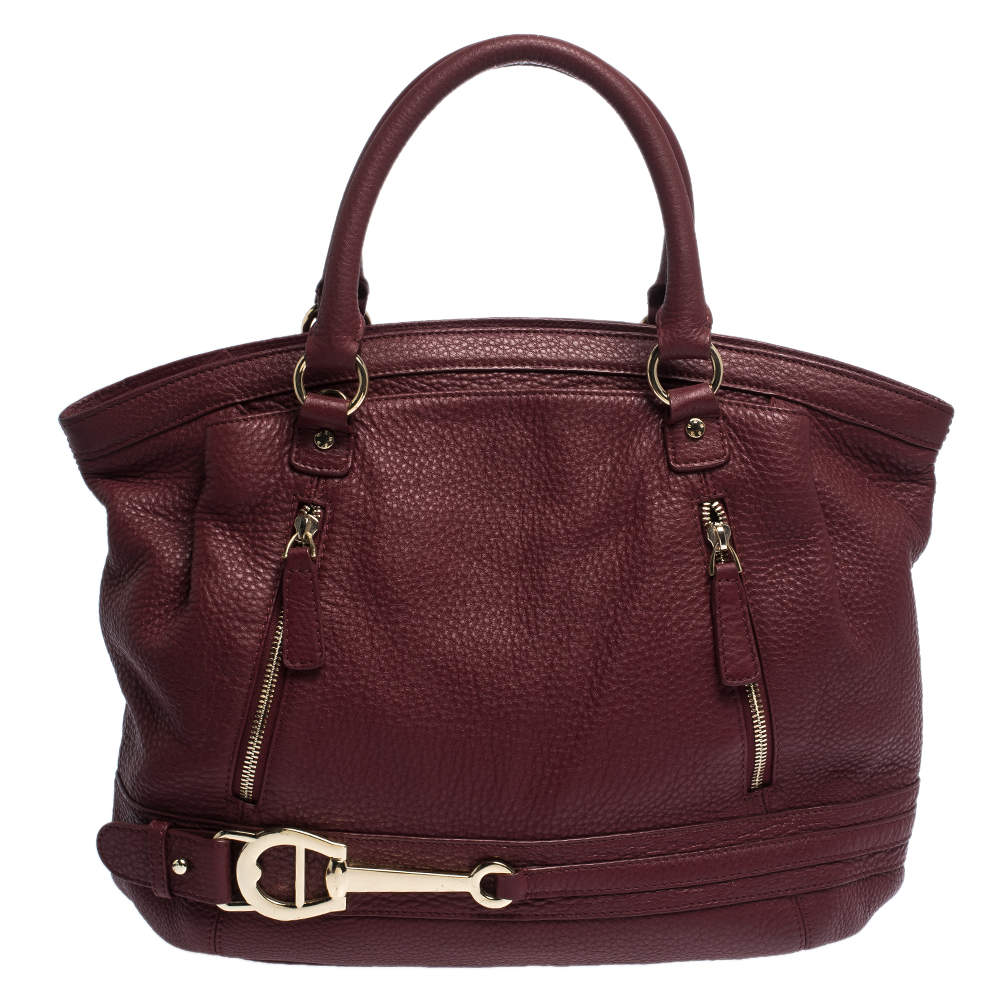 Pre Owned Aigner Burgundy Leather Double Zipped Satchel