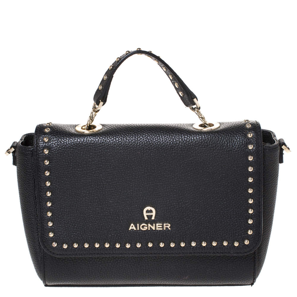 Pre Owned Aigner Black Studded Leather Flap Middle East Exclusive Top Handle Bag
