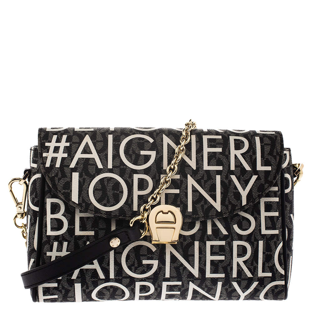 Pre Owned Aigner Black/White Coated Canvas Zoe Flap Crossbody Bag