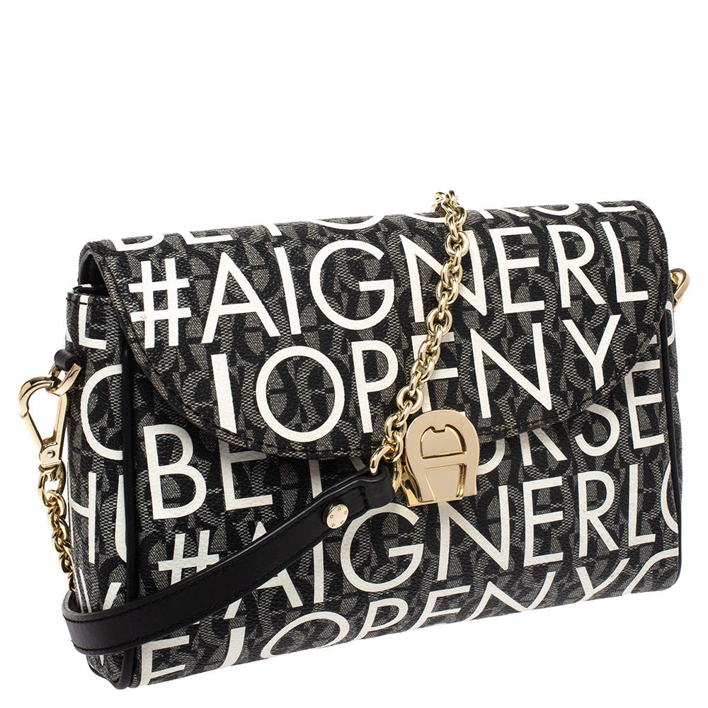 Aigner Black White Coated Canvas Zoe Flap Crossbody Bag Aigner TLC