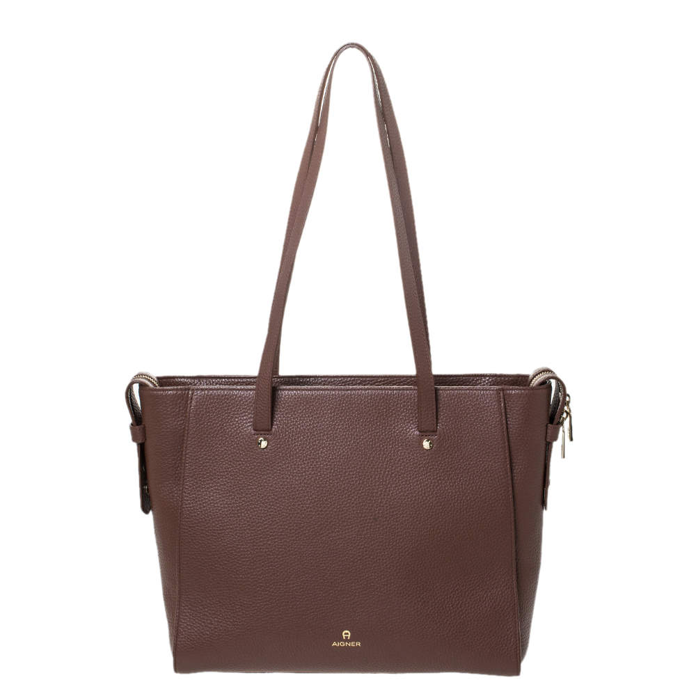 Pre Owned Aigner Brown Leather Top Zip Tote