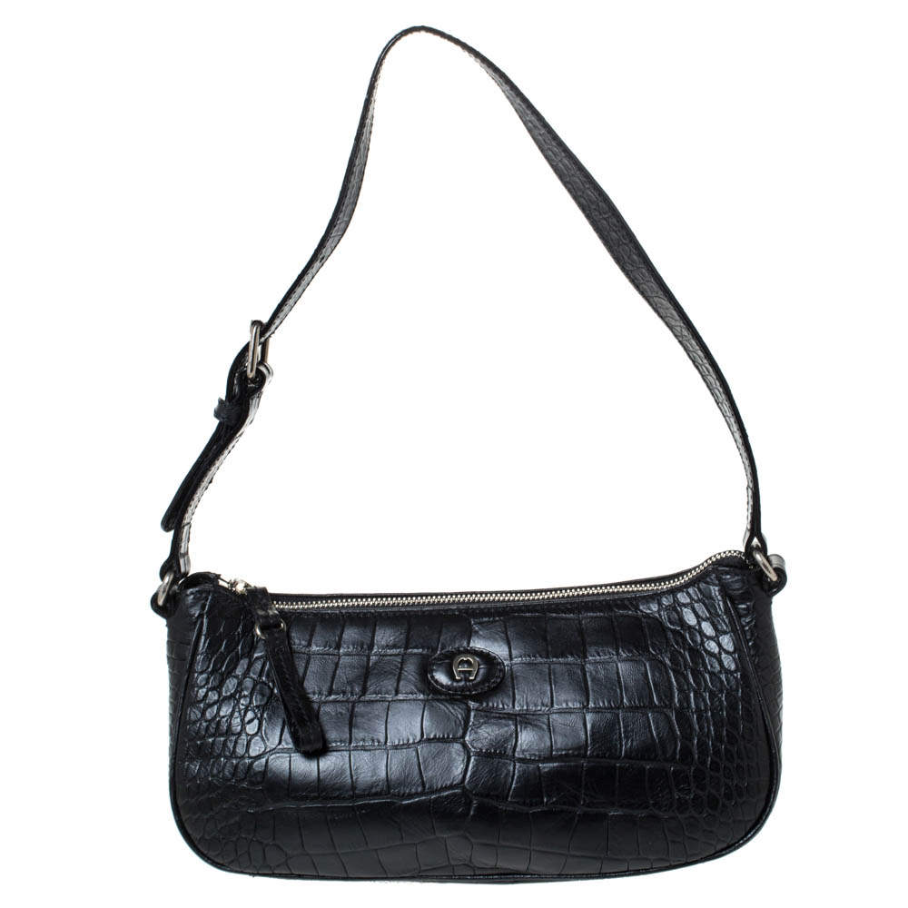 Pre Owned Aigner Black Crocodile Embossed Leather Shoulder Bag