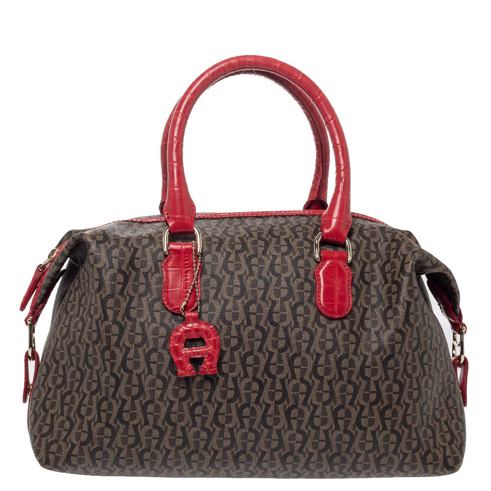 Pre Owned Aigner Brown/Red Signature Coated Canvas and Leather Satchel
