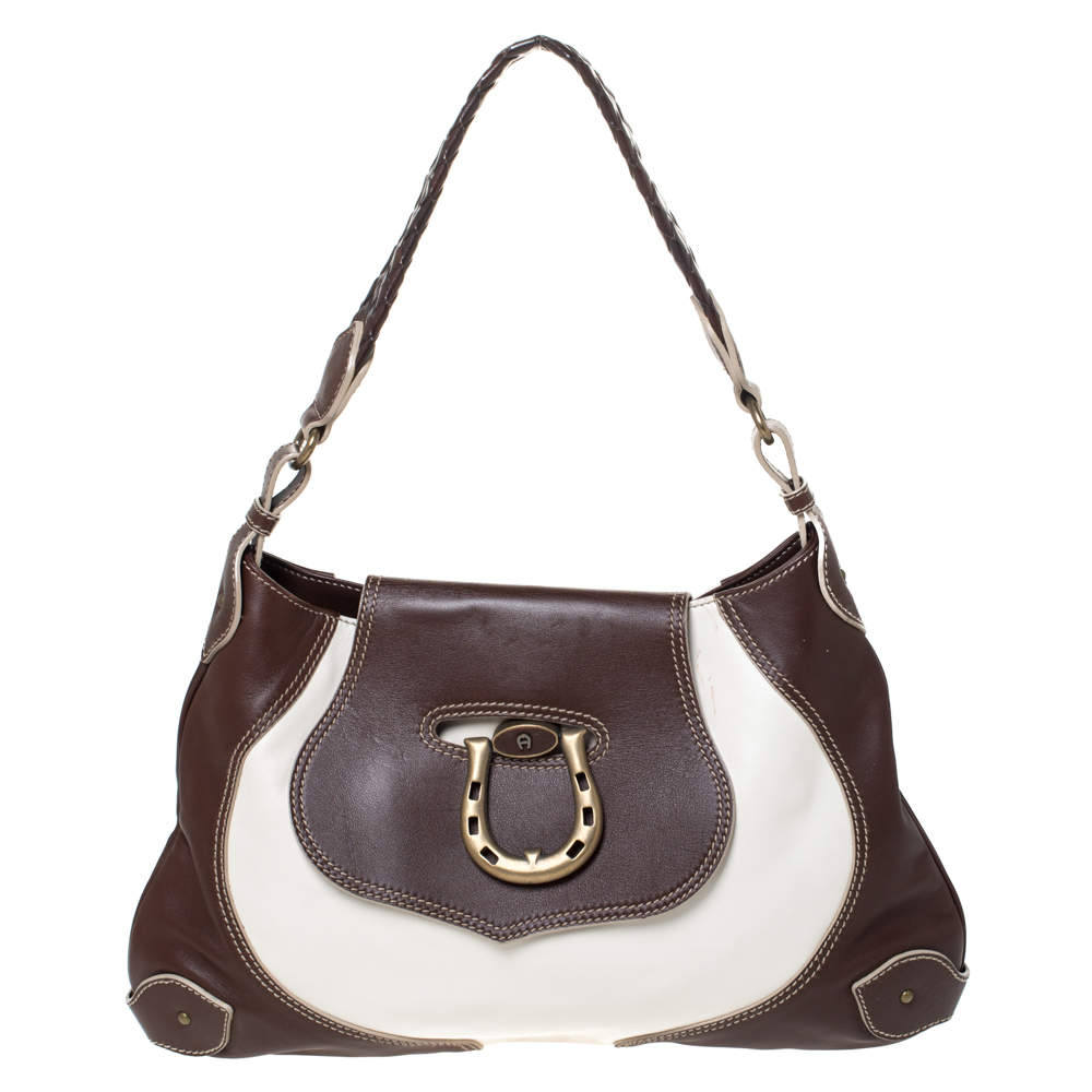 Aigner Dark Brown/White Leather Logo Buckle Flap Shoulder Bag