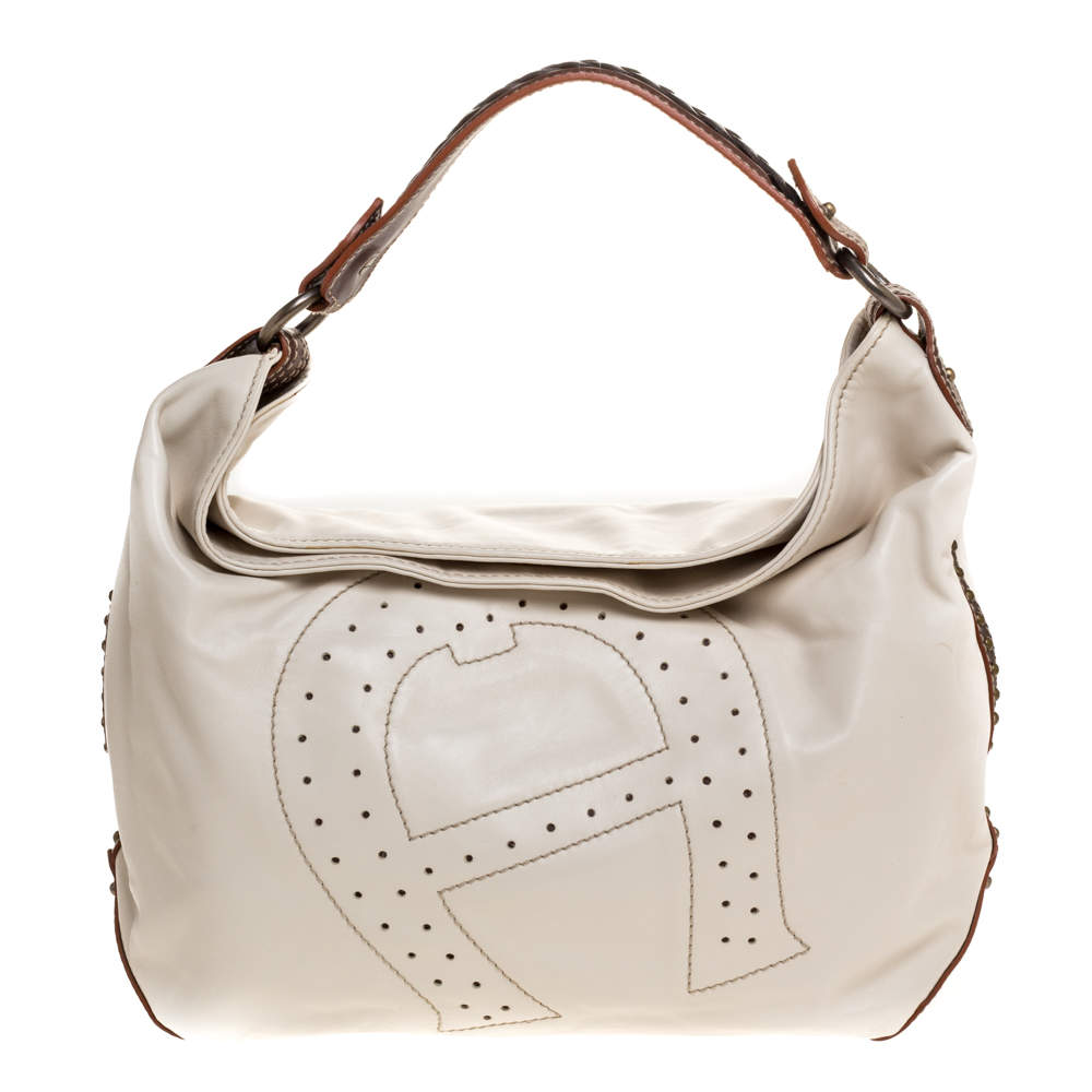 Pre Owned Aigner Ivory Leather Hobo