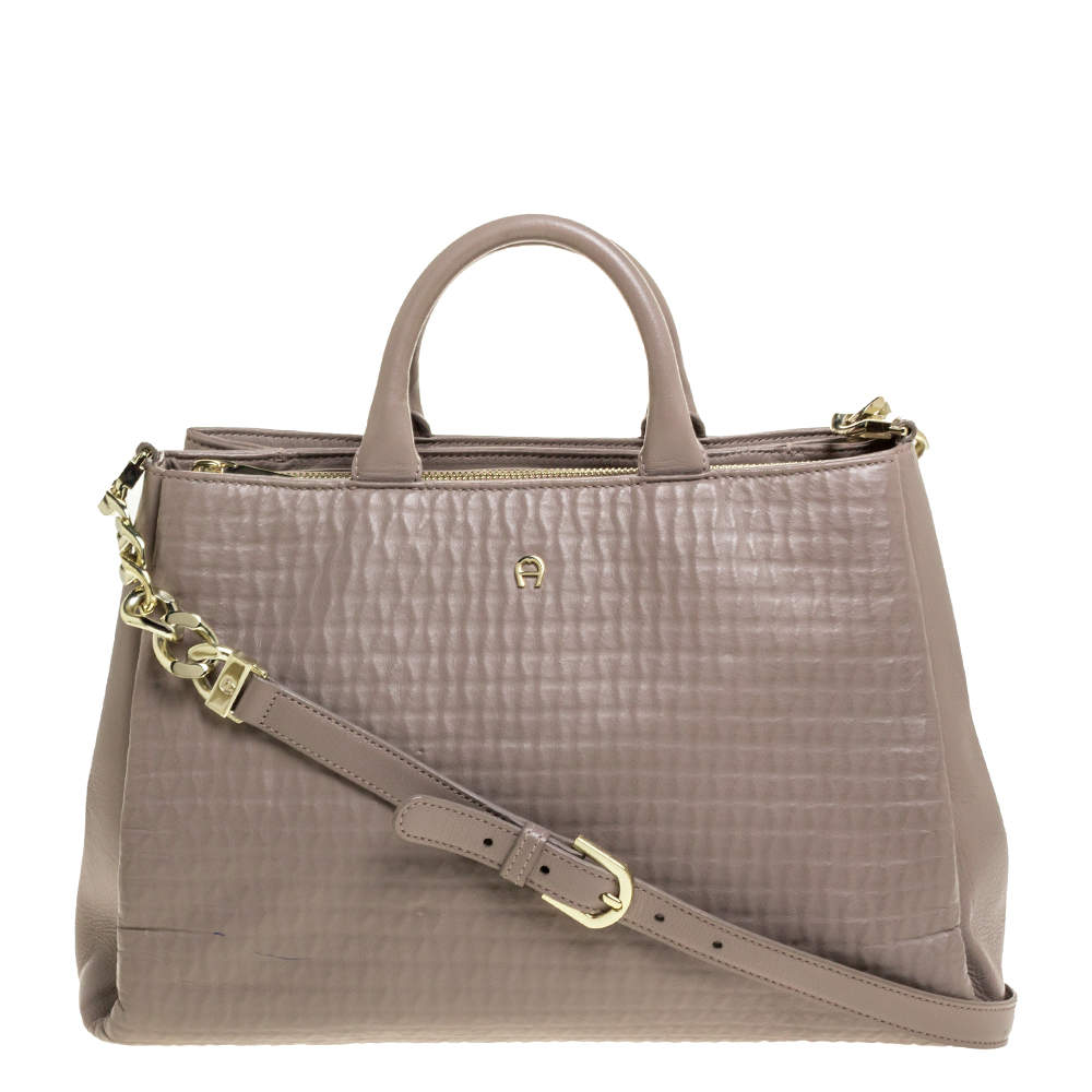 Pre Owned Aigner Grey Leather Middle Zip Tote