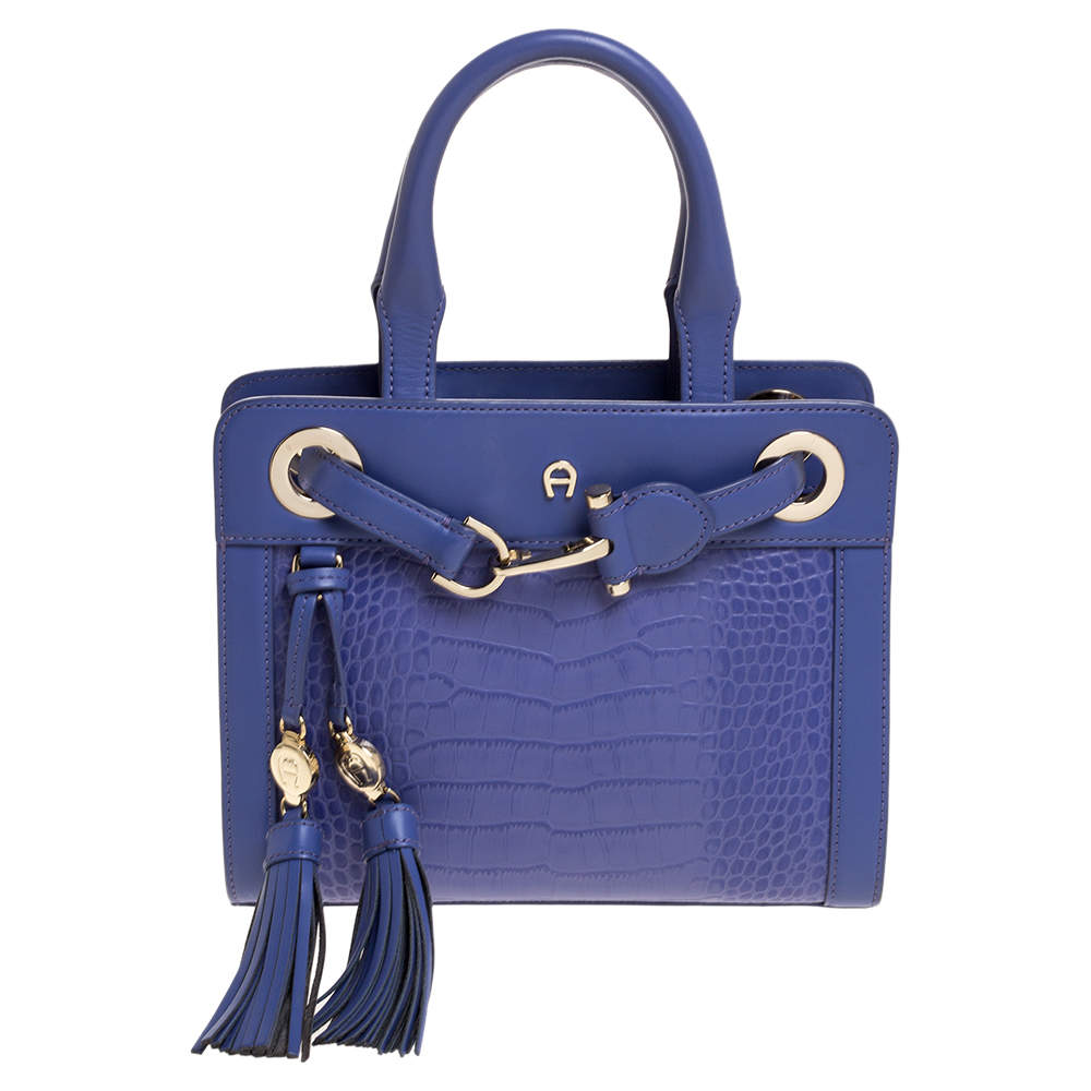 Pre Owned Aigner Lavender Crocodile Embossed Leather Cavallina Top Handle Bag