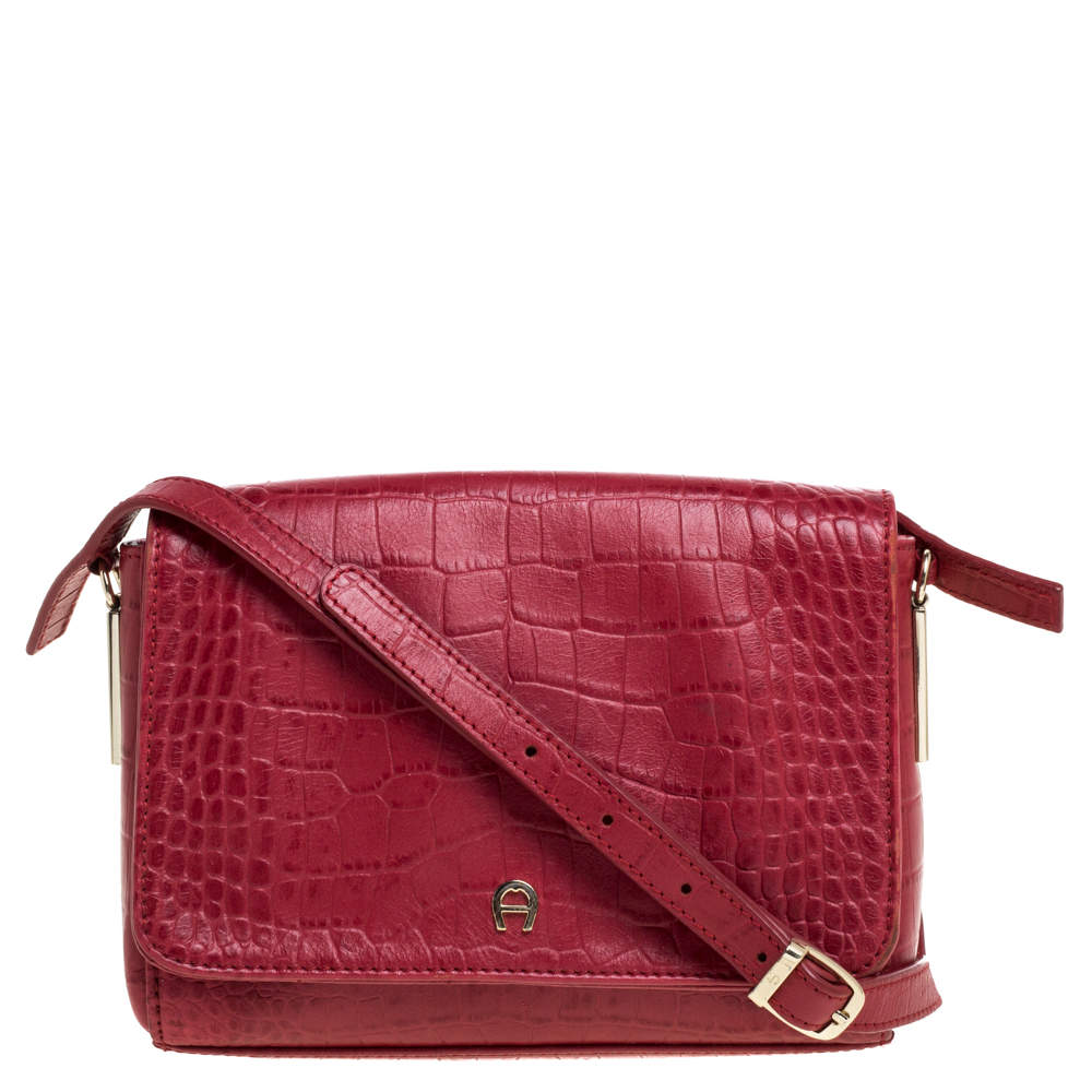 Aigner Red Croc Embossed Leather Crossbody Bag Aigner | The Luxury Closet