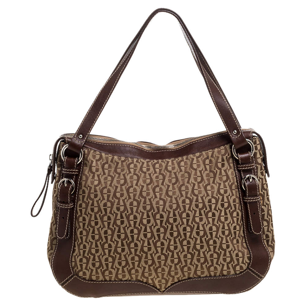 Pre Owned Aigner Brown Signature Canvas and Leather Satchel