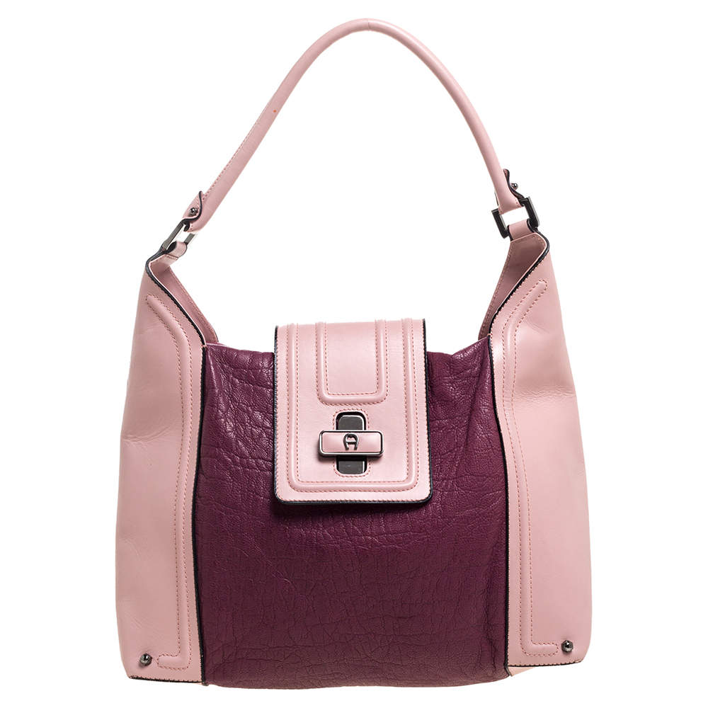 Pre Owned Aigner Bicolor Leather Turnlock Flap Hobo