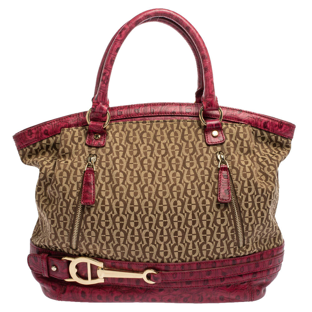 Pre Owned Aigner Pink/Beige Signature Canvas and Leather Zip Satchel