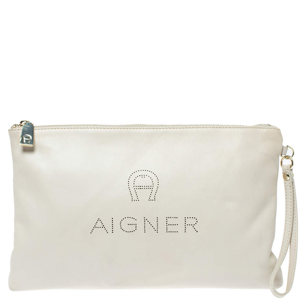 Aigner Cream Leather Wristlet Pouch Aigner TLC