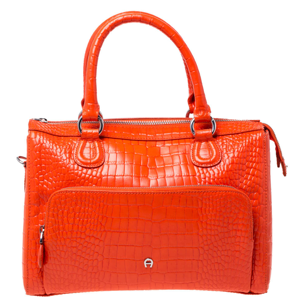 Pre Owned Aigner Orange Croc Embossed Leather Front Pocket Zip Shoulder Bag