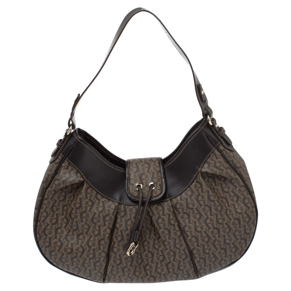 Pre Owned Aigner Brown Monogram Coated Canvas and Leather Hobo
