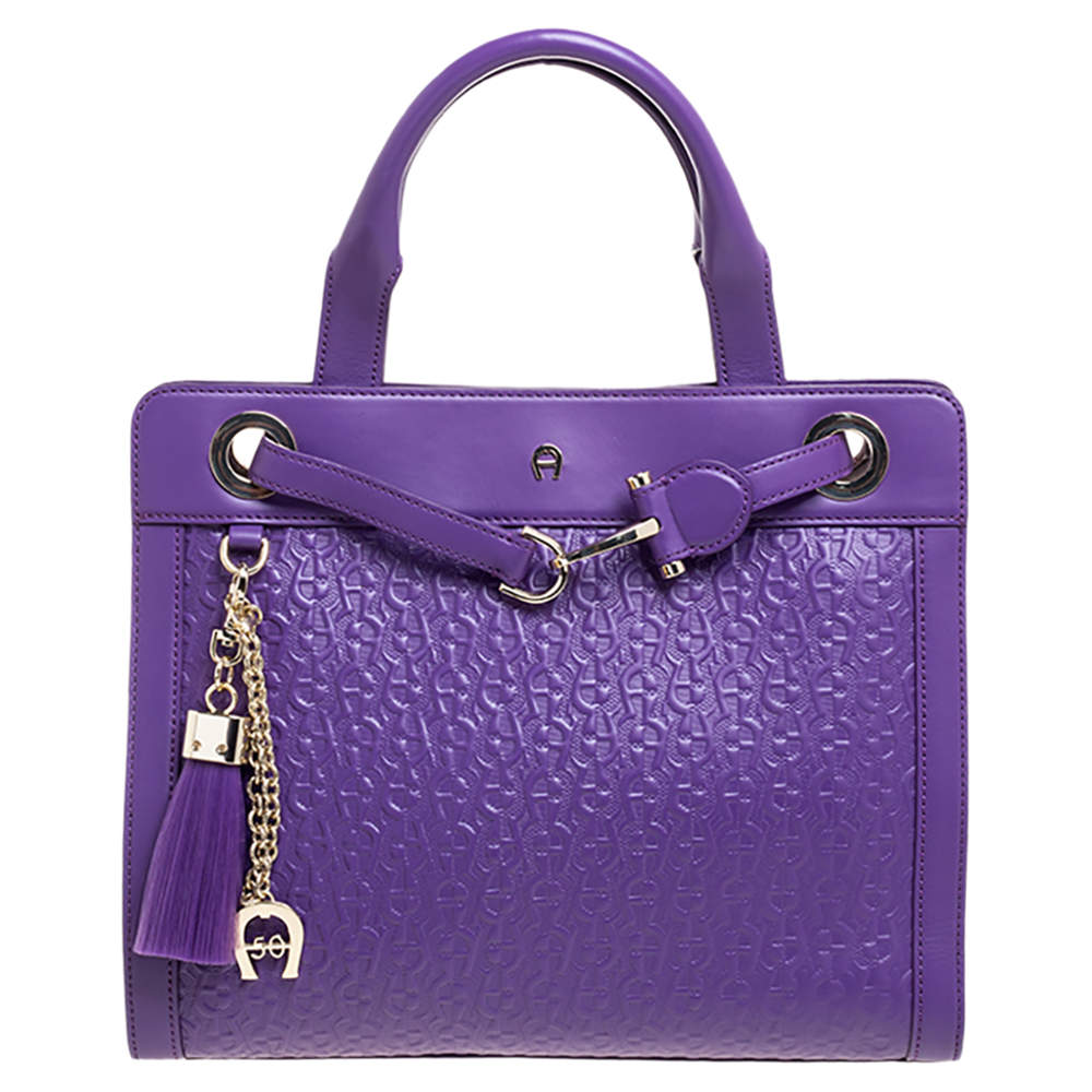 Pre Owned حقيبة يد أيغنر كافالينا جلد مطبوع شعار الماركة بارز بنفسجي