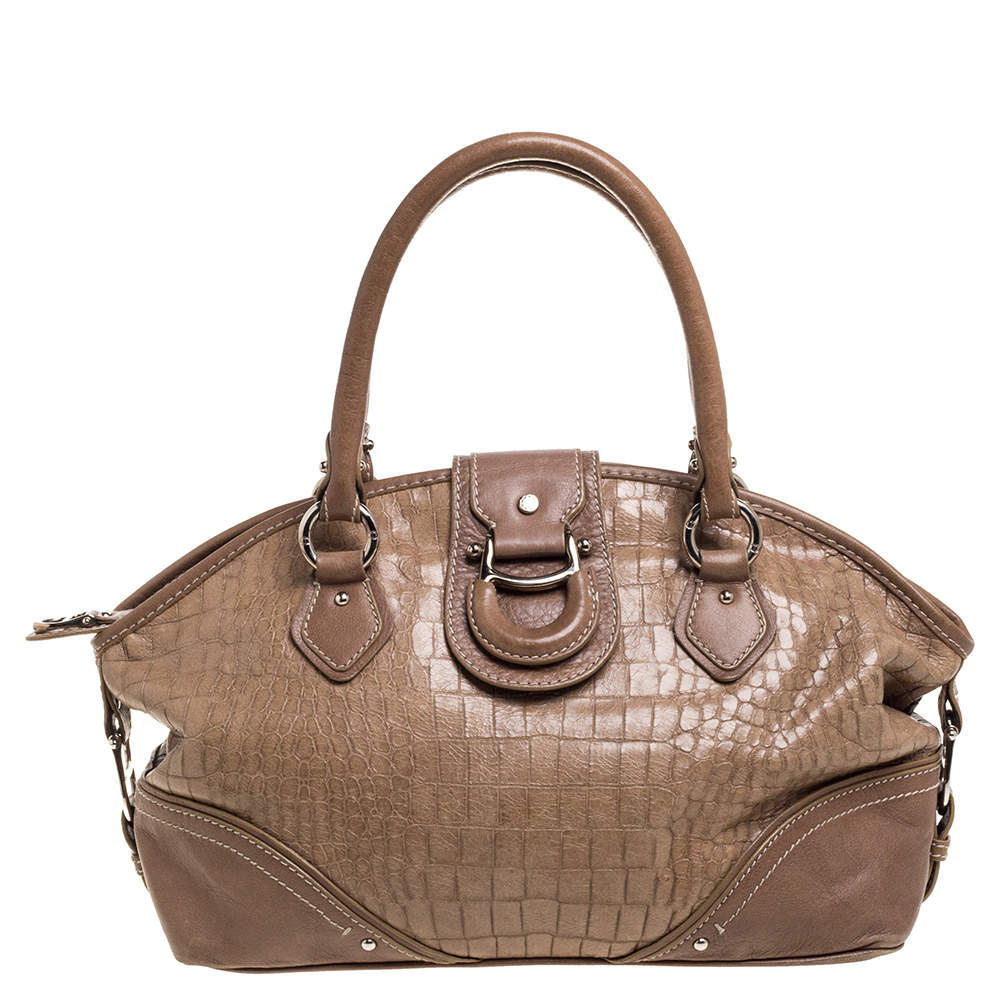 Aigner Brown Croc Embossed Leather Buckle Flap Dome Satchel