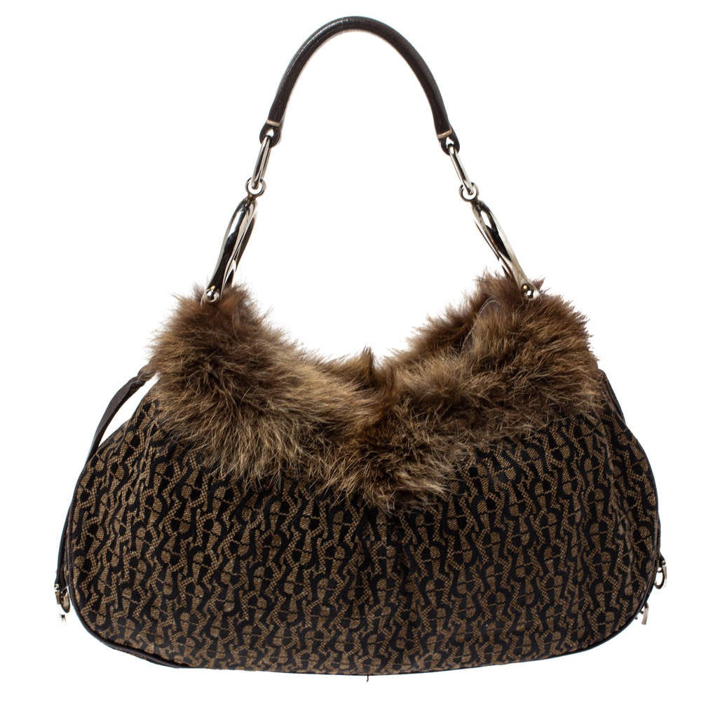 Aigner Brown Signature Canvas,Leather and Faux Fur Logo Handle Hobo ...