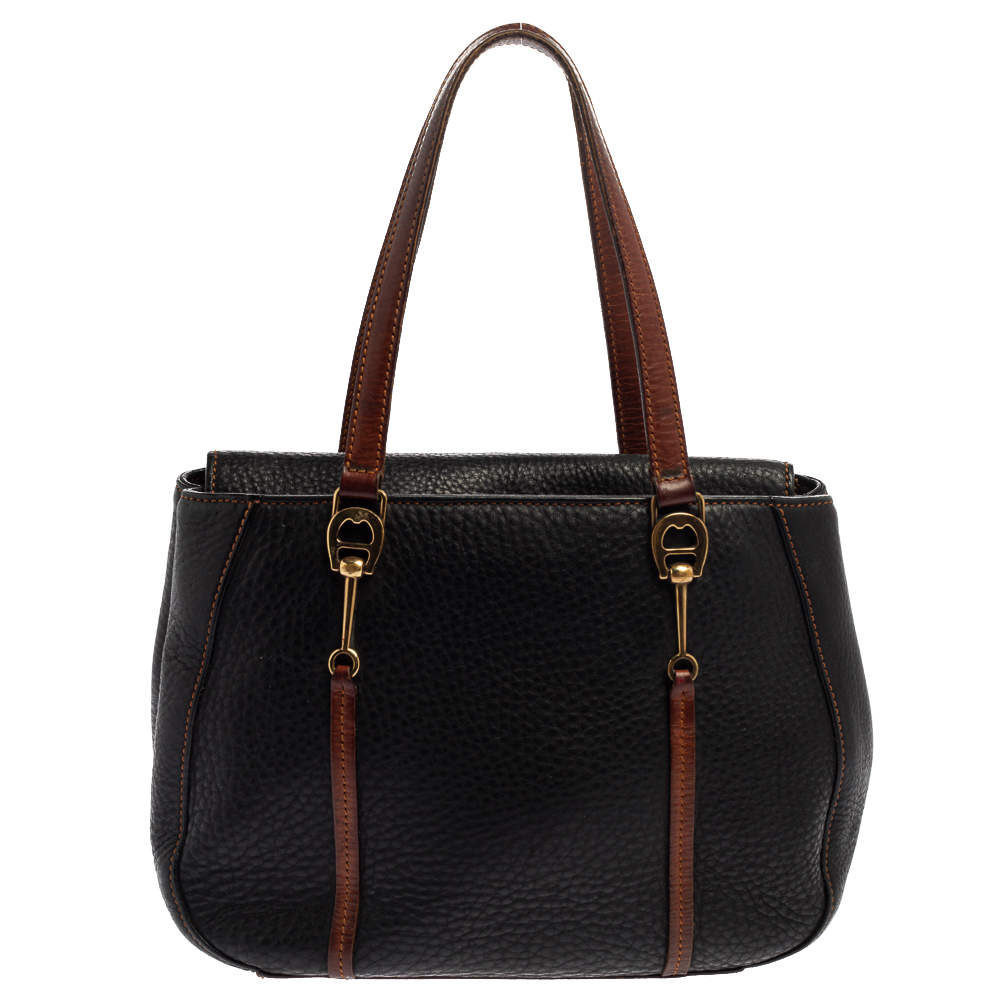 Aigner Black/Brown Grained Leather Logo Metal Handle Tote