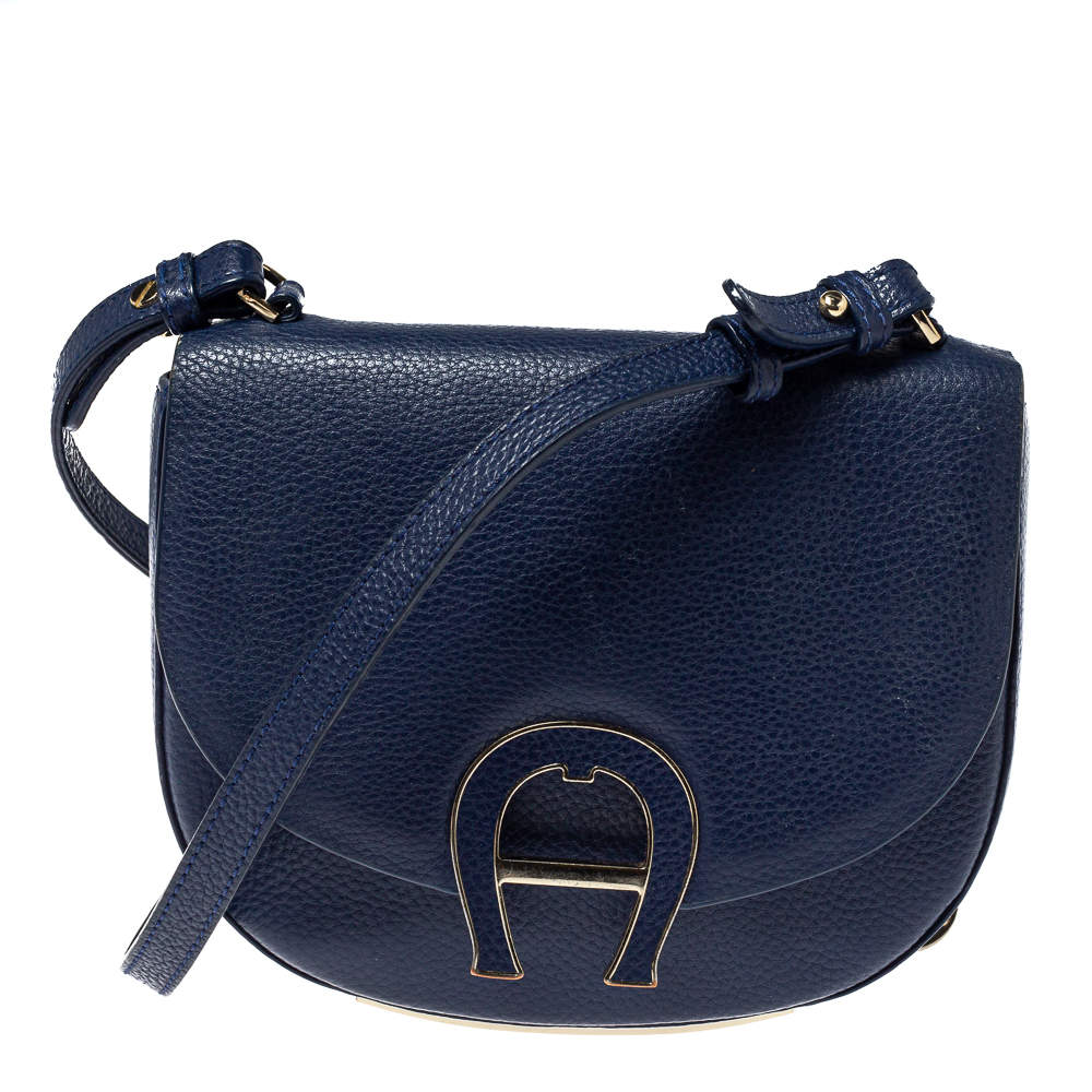 Aigner Blue Grained Leather Mini Pina Crossbody Bag