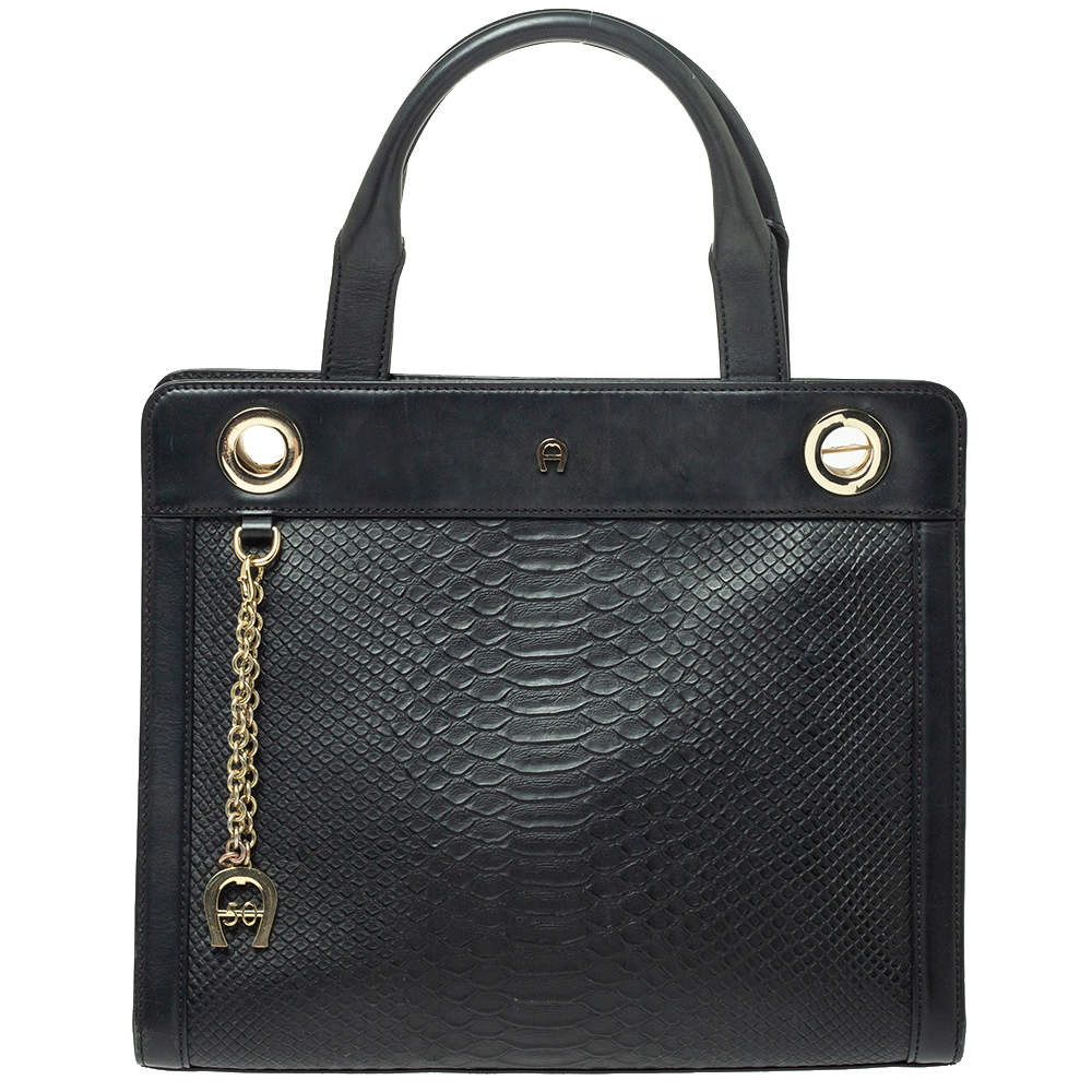 مملوكة مسبقًا Aigner Black Python Embossed Leather Cavallina Top Handle Bag