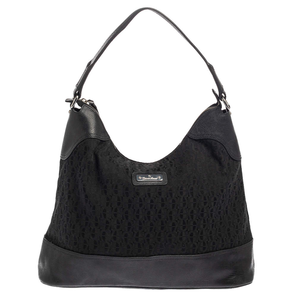 Aigner Black Signature Canvas and Lizard Embossed Leather Hobo
