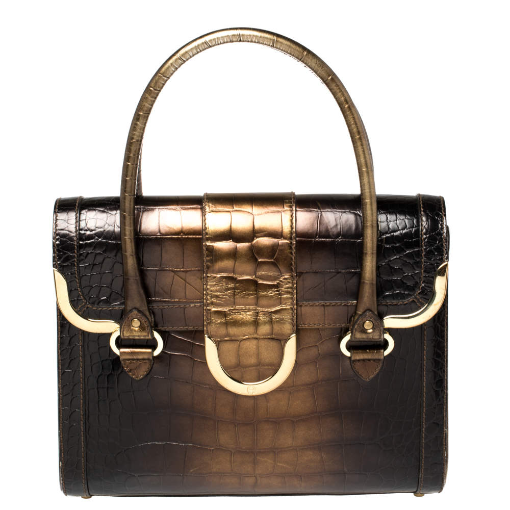 Aigner Brown Ombre Croc Embossed Leather Metal Bar Flap Tote