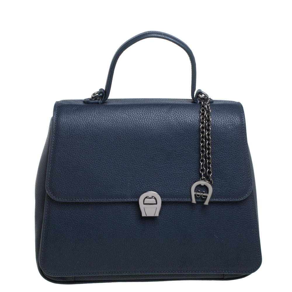 Aigner Navy Blue Leather Genevova Top Handle Bag