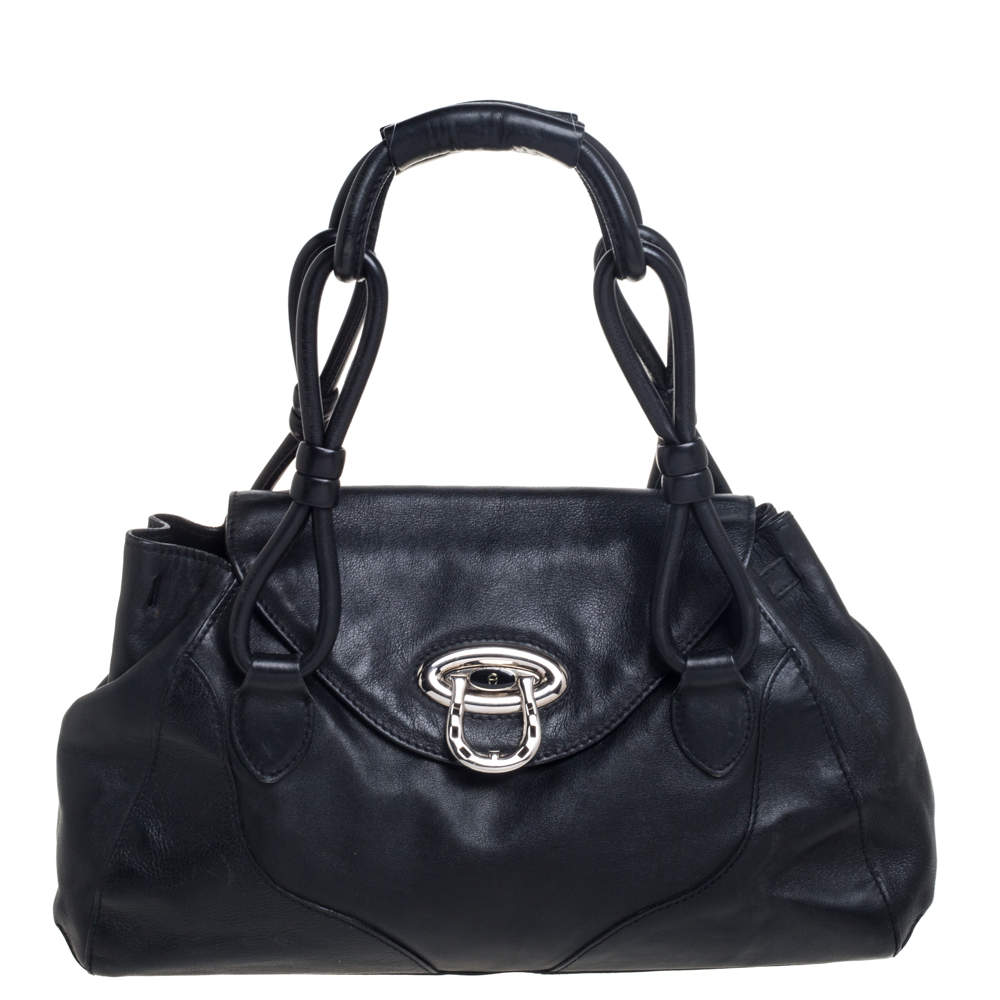 Pre Owned Aigner Black Leather Logo Buckle Flap Shoulder Bag  