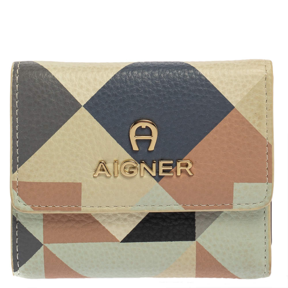 Pre Owned Aigner Multicolor Diamond Print Leather Trifold Wallet