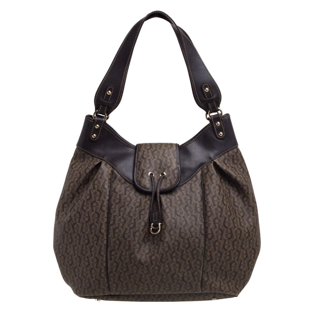 Pre Owned Aigner Brown Monogram Coated Canvas and Leather Hobo