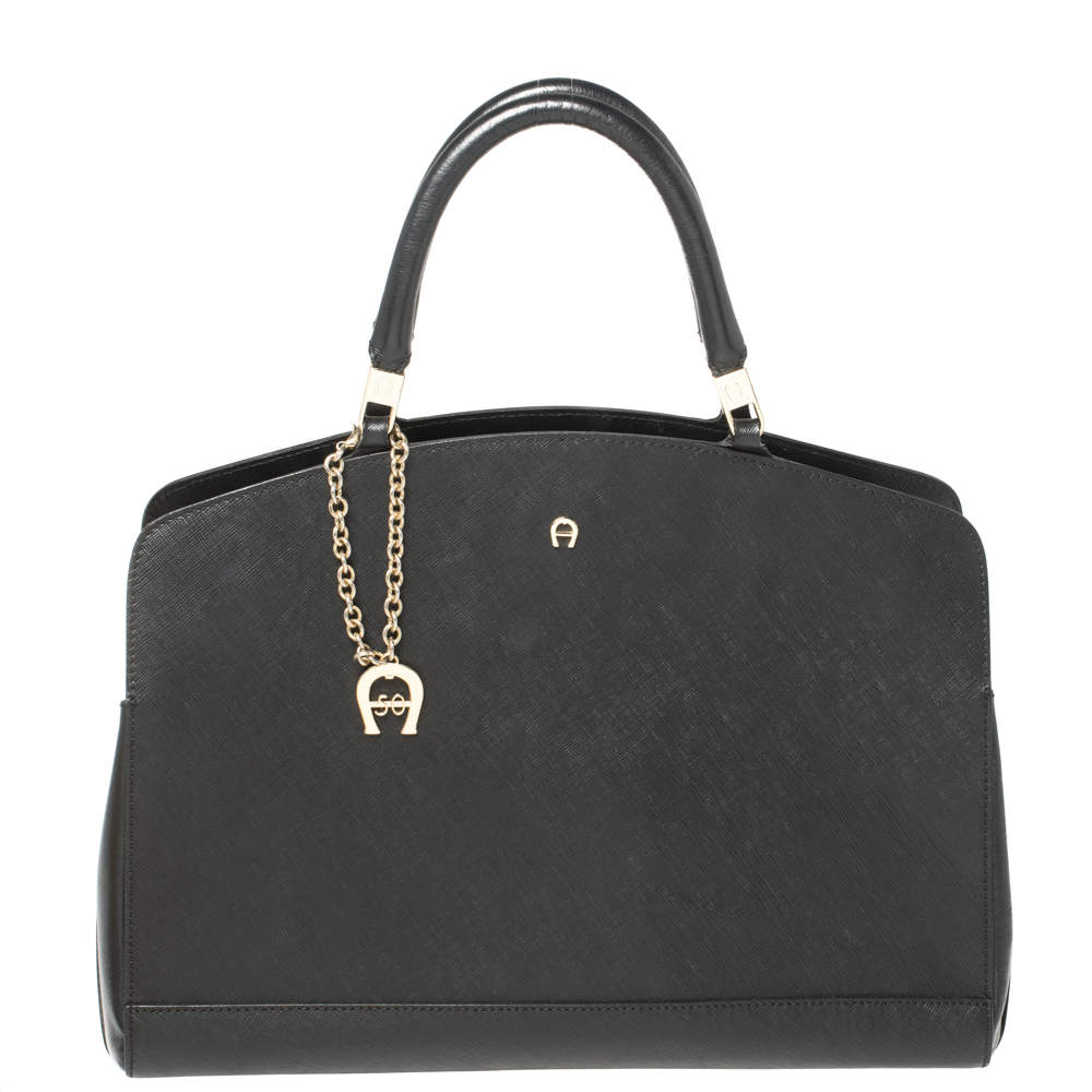 Pre Owned Aigner Black Leather Logo Charm Satchel
