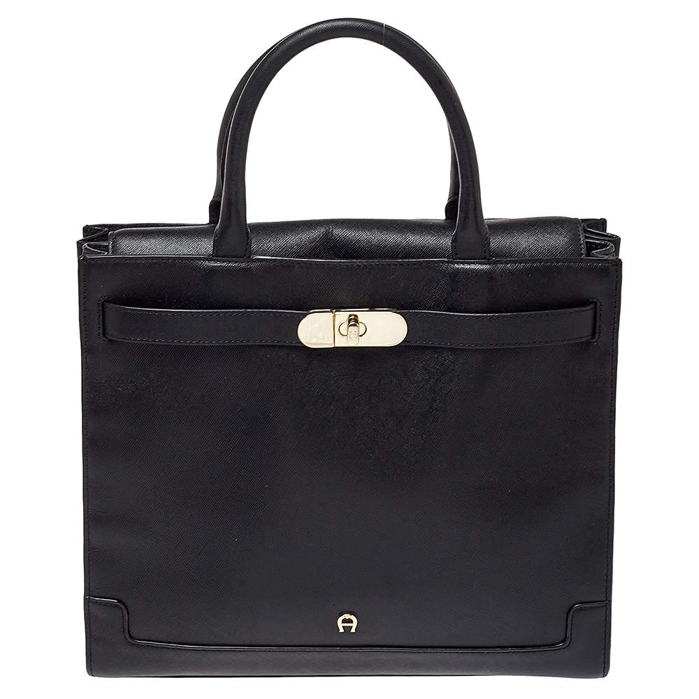 Pre Owned Aigner Black Leather Turnlock Tote