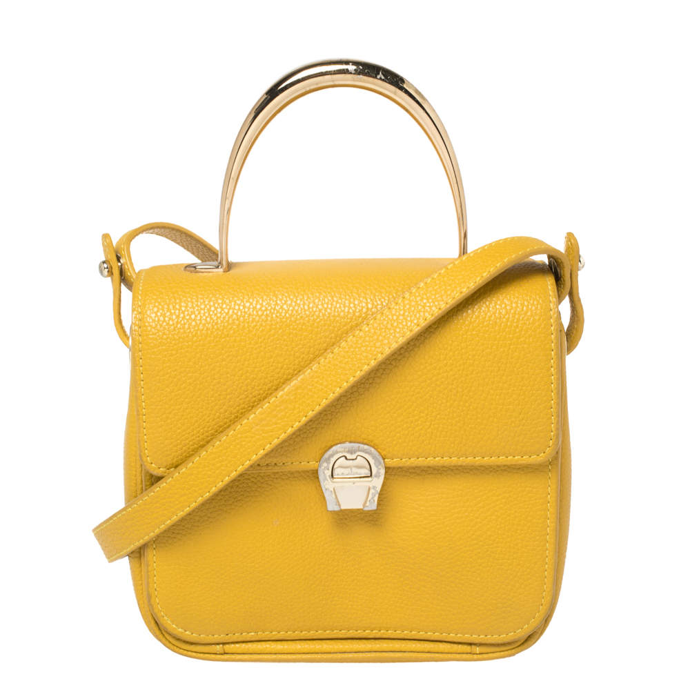 Pre Owned Aigner Mustard Yellow Leather Genoveva Top Handle Bag